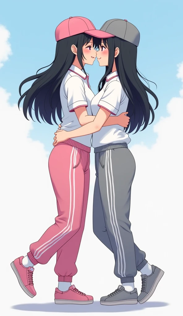 Two girls long black hairs, yuri
The first girl wear a white polo shirt pink shirt collar pink sleeves, pink cap, pink adidas sweatpants with three white stripes, white socks, pink adidas sneakers.
The second girl wore a white an polo shirt grey shirt collar grey sleeves, grey cap, grey adidas sweatpants with three white stripes, white socks, grey adidas sneakers.
The hem of their polo shirts was tucked into their pants.
They're walking, wrapped around the waist, light grey background, closed eyes, blue sky, novel cartoon, 4K, HD