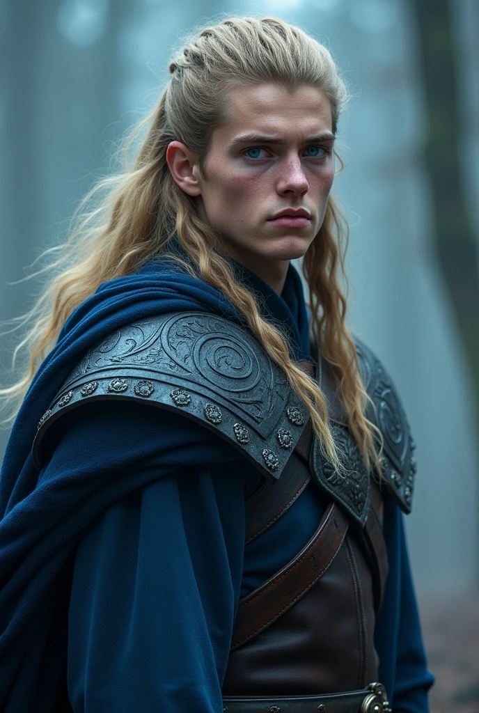 Boy around 18, ((( blue + black outfit) Norse warriors clothes,long blond hair, detailed face, detailed blue beautiful eyes, traditional Norse outfit, full body photo (intricate:1.3), (arcane aura:1.2), (dreamlike:1.3), (subtle mist:1.1),(vibrant colors:1.2), (detailed hair:1.3), (ultra realistic details:1.5)( not muscular looking face)