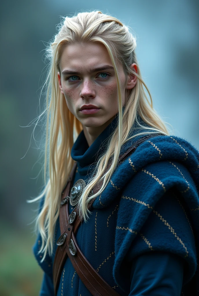 Boy around 18, ((( blue + black outfit) Norse warriors clothes,long blond hair, detailed face, detailed blue beautiful eyes, traditional Norse outfit, full body photo (intricate:1.3), (arcane aura:1.2), (dreamlike:1.3), (subtle mist:1.1),(vibrant colors:1.2), (detailed hair:1.3), (ultra realistic details:1.5)( not muscular looking face)