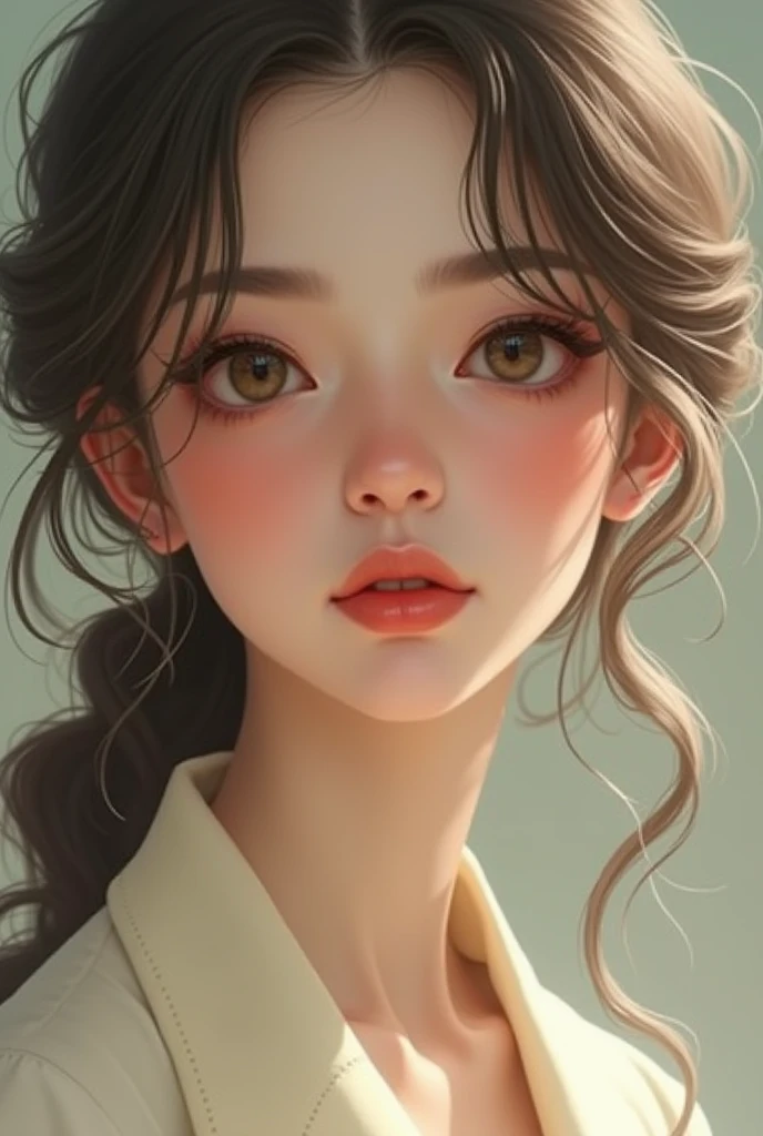 Woman, trapeze face shape, fat cheeks, almond eyes, straight eyebrow, straight nose, heart shaped lips, light cream wavy hairs, wearing cream manteau