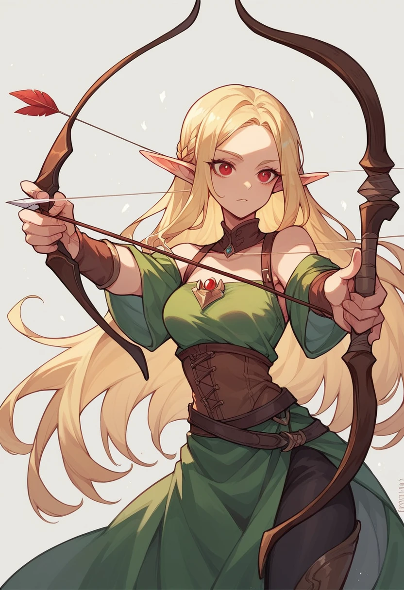 Elf, blonde long hair, red eyes, arrow, pretty