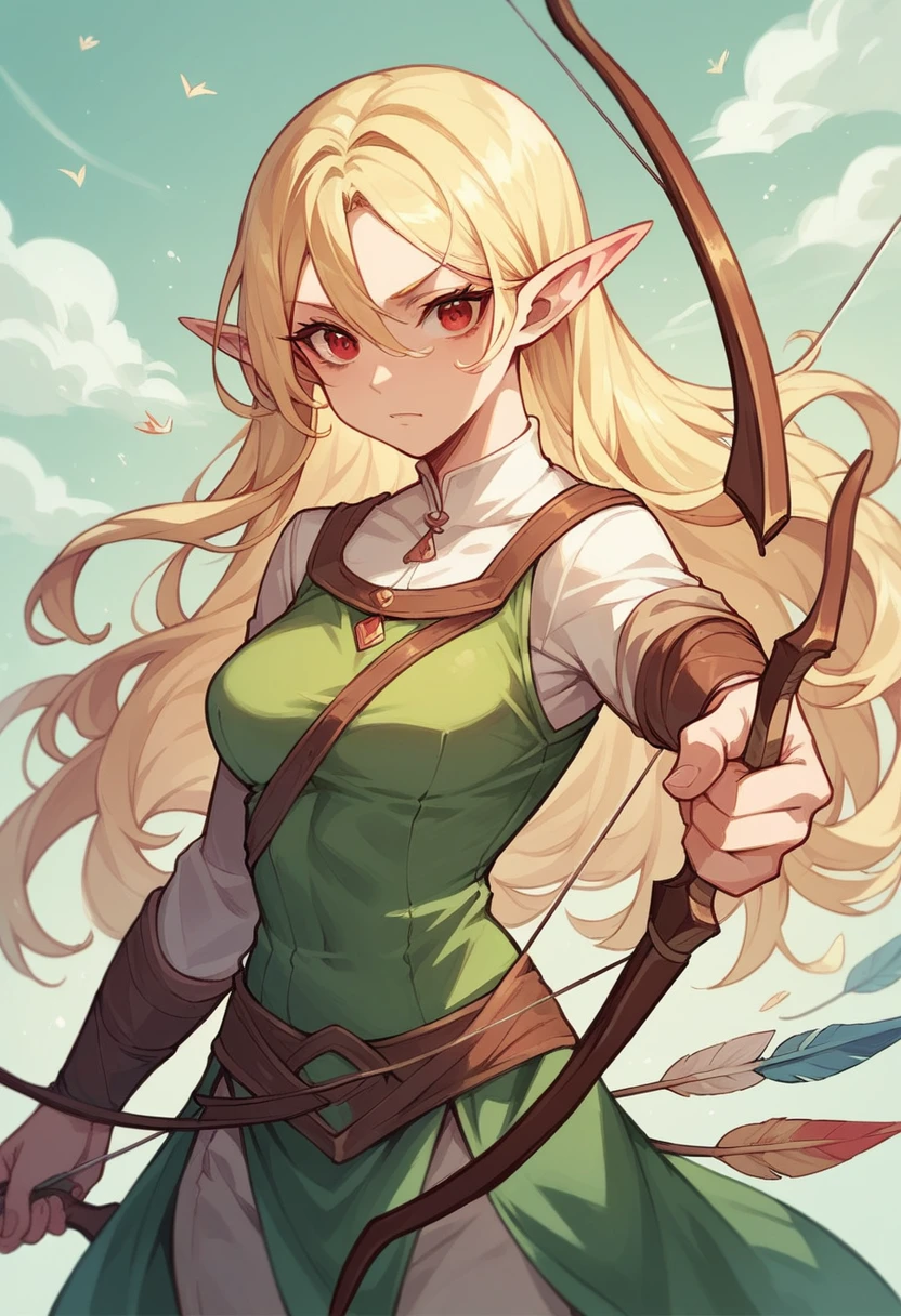Elf, blonde long hair, red eyes, arrow, pretty