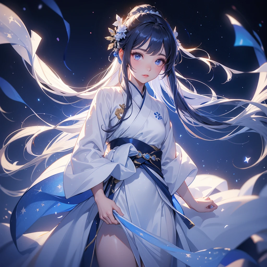 A beautiful female in white hanfu dress , Standing in the middle of dark night, with moonlight and millions of stars, twinkling everywhere, with blue light, close up.