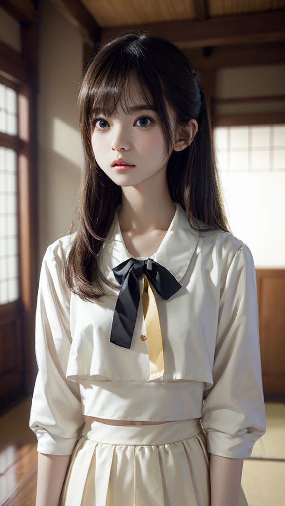 Small breasts, breast size b-cup、(((flat chest))), (flat chest:1.1)、1 girl、High school girl, mini skirt, bare thin thighs、Japanese Uniforms、K, lovely delicate face, high-quality 4K portrait, high quality portrait, soft flawless pale sKin, 8K highly detailed face, Beautiful face, delicate face, Beautiful feceopticの大きな目, beautiful and realistic faces, Beautiful fece14Year old woman, beautiful and realistic faces, cute little14Year old woman、A white-only dress with an exposed belly button、(childish:1.6)、Princess pulling up her hair with her hands、 girl、Navel Dresses、Official art by、Unity 8K Wallpapers、Ultra-detail、Beautiful fece、Beautiful fece、masterpiece、top-quality、 optic, Atmosphere, mystery, romanticism, Deities々Shisu, literary, art by, lo fashion, Victorian, ornamented, Complexity, IronworK, Ren Hao, pondering, emotional depth, Supernatural, 1 girl, 独奏, coll、Japanese high school students、High resolution, Anatomically correct, 最high quality, High-resolution model, High detail, high quality, Very detailed, Ultra high definition, Textured skin,