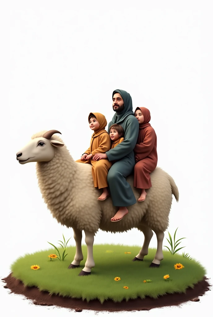 A family, each dressed in simple Muslim clothing, riding a sheep.. Indonesian people. Eid al-Adha. transparent background. Fresh green shades. facing the camera. Sheep standing on a circle of grass and a layer of soil on the edge. Make HD