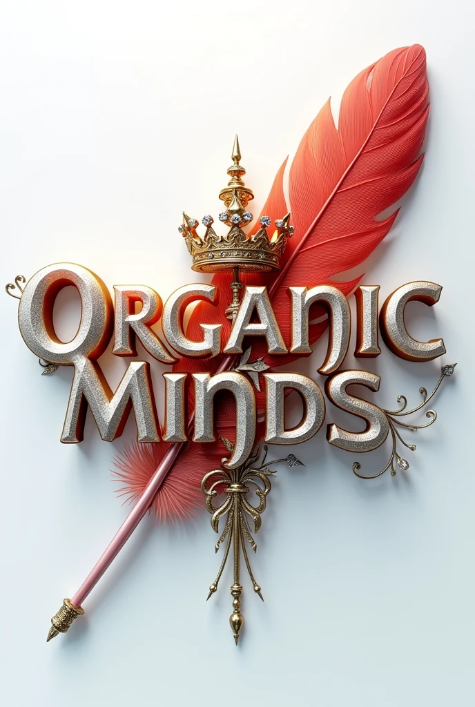 A mesmerizing 3D digital art masterpiece that captivates the viewer with its intricate design. The name,,Organic Minds, is prominently displayed in a striking font, adorned with a luxurious golden,red crown. A flowing feather gracefully follows behind, adding to the design's visual appeal. The name glows in vibrant colors such as silver, enhancing its breathtaking beauty. Warm silver lighting illuminates the design, creating depth and dimension, and delicate diamonds are strategically placed for added glamour. The pristine white background highlights the name, transforming the design into a truly fascinating piece. With its cinematicposter-like quality, this extraordinary work of art masterfully blends elements of dark fantasy, and 3D rendering, typography, and 3D rendering., architecture, typography