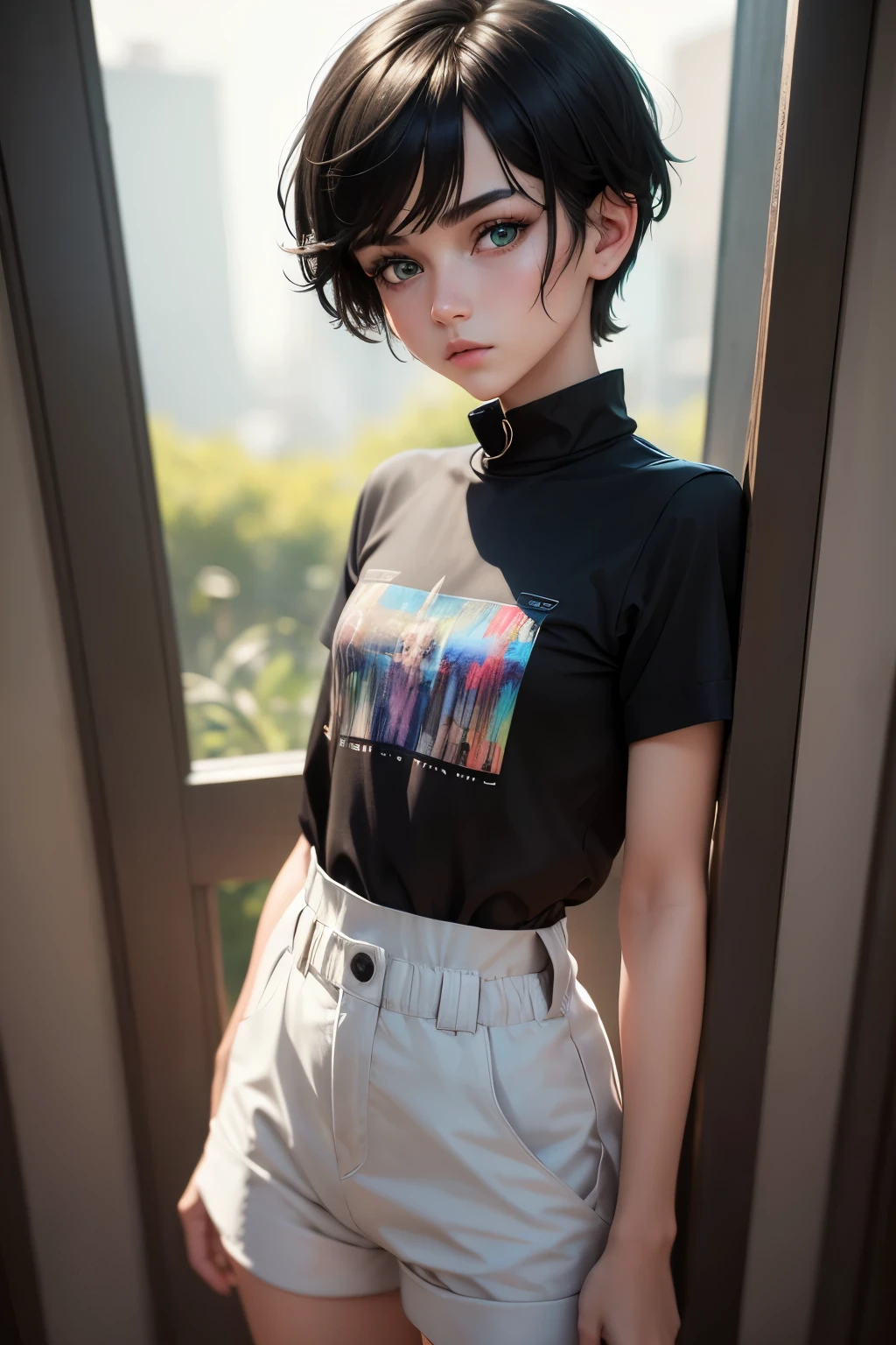 Child girl with short masculine black haircut, bright green eyes, androgynous colorful streetwear clothes, beautiful detailed eyes, beautiful detailed lips, extremely detailed eyes and face, long eyelashes, portrait, photorealistic, photo-realistic:1.37, (best quality,4k,8k,highres,masterpiece:1.2), ultra-detailed, (realistic,HDR), studio lighting, ultra-fine painting, sharp focus, physically-based rendering, extreme detail description, professional, vivid colors, bokeh