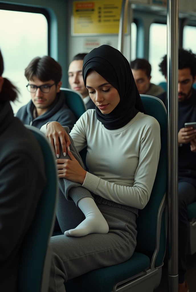 A Muslim women standing near the seat, hold hand in steel pipe, looking outside in bus back view