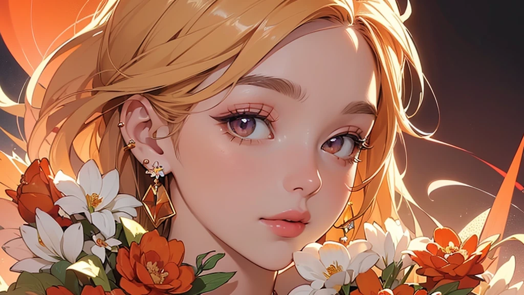 32K, 最高quality, 最高masterpiece, (ultra-Detailed Background, Detailed Background), High resolution, Super detailed, Very detailedな, 1 personの, (bouquet:1.3), (Tangled:1.2), (Geometric:1.2),(colorful),(masterpiece, quality, best quality, Official Art, Beautiful and beautiful:1.2), (1 person:1.3), Very detailed,(colorful:1.1)(Flowers:1.3),Most detailed,(Tangled:1.2), whole body, (Abstract background:1.3), (Skin glows), (Many colors:1.4), ,(Earrings Jewelry:1.5), Pale Orange Background, Gradation, It's imaginative., Flaxen Hair,