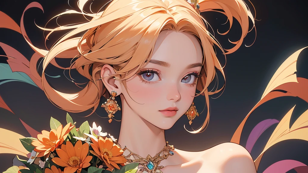 32K, 最高quality, 最高masterpiece, (ultra-Detailed Background, Detailed Background), High resolution, Super detailed, Very detailedな, 1 personの, (bouquet:1.3), (Tangled:1.2), (Geometric:1.2),(colorful),(masterpiece, quality, best quality, Official Art, Beautiful and beautiful:1.2), (1 person:1.3), Very detailed,(colorful:1.1)(Flowers:1.3),Most detailed,(Tangled:1.2), whole body, (Abstract background:1.3), (Skin glows), (Many colors:1.4), ,(Earrings Jewelry:1.5), Pale Orange Background, Gradation, It's imaginative., Flaxen Hair,