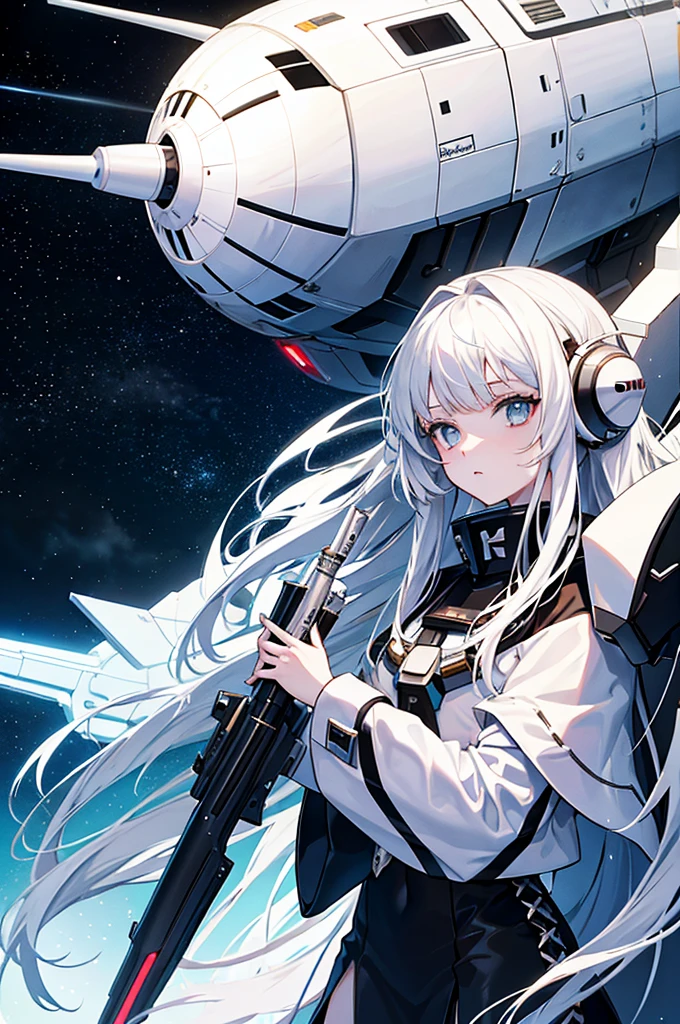 White hair,Girl,Space battleship,Gloomy environment,Masterpiece,high quality