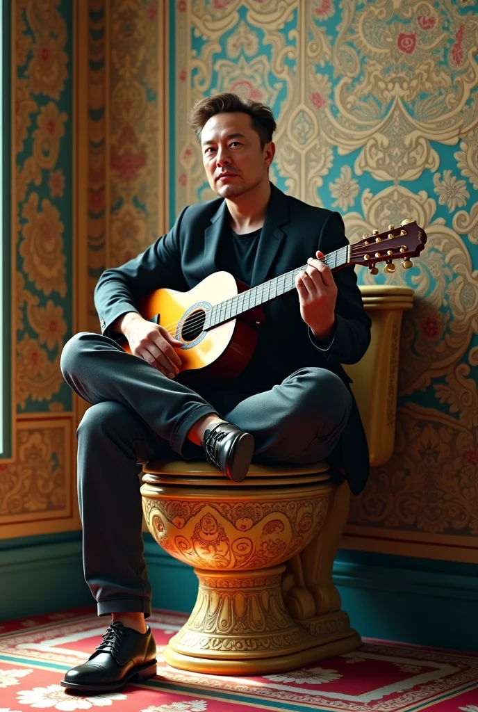 Elon Musk sitting on Indian toilet with guitar in hand