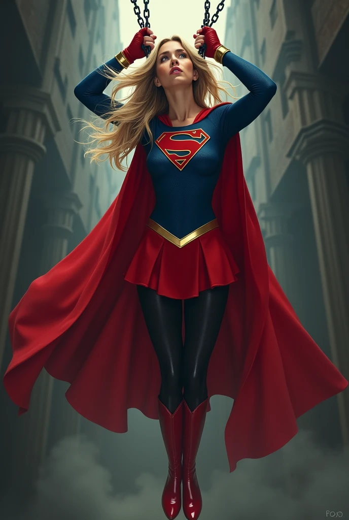 Digital illustration, ultra-realistic, supergirl, full blue body suit, long blonde hair, red elbow gloves, red gauntlets, black tights, red boots, red skirt, gold belt, really long red cape, hands tied to ceiling, chains