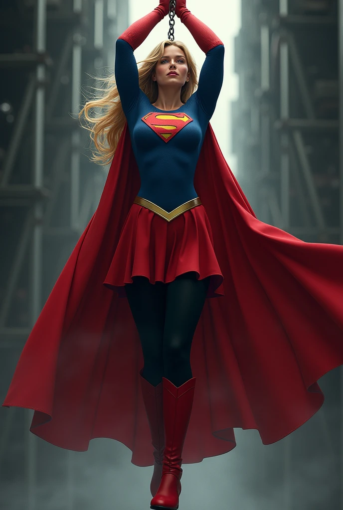 Digital illustration, ultra-realistic, supergirl, full blue body suit, long blonde hair, red elbow gloves, red gauntlets, black tights, red boots, red skirt, gold belt, really long red cape, hands tied to ceiling, chains