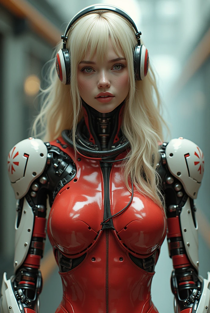 (masutepiece:1.3), High resolution, Ultra-detail, the Extremely Detailed CG Unity 8K Wallpapers, Realistic, Photorealsitic, Raw photo, beautifull detailed face, pale skin, realistic glistening skin, Detailed Cloth Texture, detailed hair texture, Perfect body, Beautiful face, precise, Anatomically correct, Highly detailed face and skin texture, Natural neck length, (Beautiful hands), (Fair skin:1.2), thin legs, Thin feet, BREAK, Detailed eyes, symmetrical eye, Light brown eyes, Double eyelids, Thin eyebrows, (Glossy lips:1.4), (gently smiling:1.2), BREAK, Combat cyborg、Machine body、weapons all over her body、front facing、Headset connected to a myriad of electrodes、((Red bodysuit))、((tight fitted))、nffsw、Under maintenance、A darK-haired、Brown hair、silber hair、a blond、Blue-haired、blue eyess、Brown-eyed、red eyes、(Mechanical joint:1.4)、((Limbs of the machine))、(Blood vessels connected to countless tubes)、((Vertebrae of a machine attached to the back))、((Mechanical cervical spine)Attached to the neck) (medium large breasts, Slender figure, firm abs, firm breasts:1.1), Beautiful collarbone, (Blonde hair, Wavy Hair, Long hair:1.2), ((asymmetrical bangs:1.2)), (Cowboy Shot:1.2),