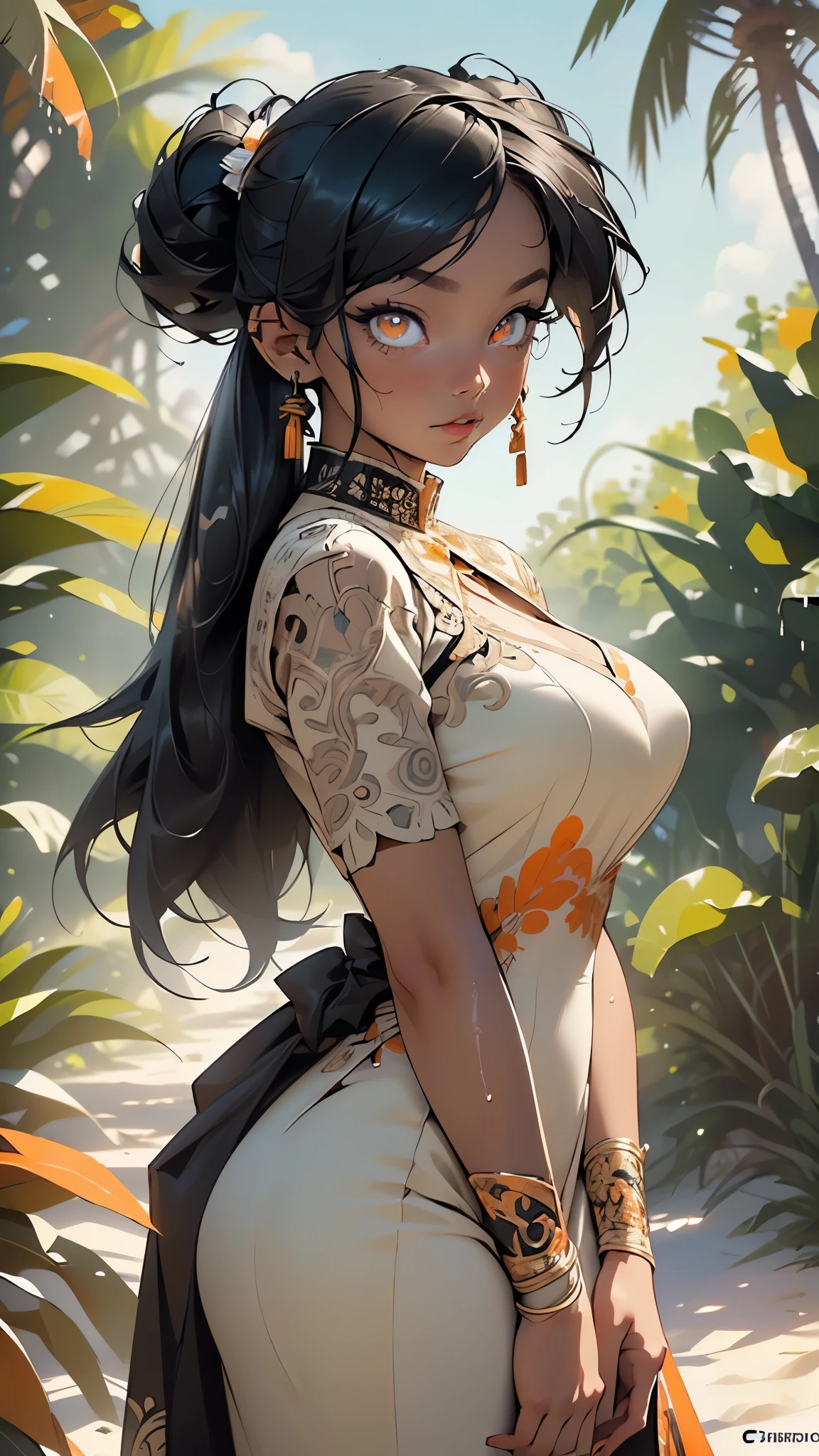 girl,1girl,
(large breasts:1.5),((Ebony dark skin, very deep ebony skin)),((carbon black skin)),((her beauty is undeniable)),((excited cute face)),((hyper detailed perfect eyes)),((carbon dark black skin)),((wet soaked puff massive giant huge pigtail afro,colored inner hair)),(((orange_eyes:1.3))),intricate eyes,beautiful detailed eyes,symmetrical eyes,((((tan,dark skin:1.3,black skin:1.35,dark-skinned_female,dark skin:1.3,ebony skin:1.3,lustrous skin:1.5,bright skin: 1.5,shiny skin,very shiny skin,shiny body)))),(spider lower abdomen,narrow waist,wide hip,athletic body,inflated legs,thick thighs),(((detailed face))),beautiful detailed lips,(((black race:1.2))),
(cute,slutty,sensual,seductive look,seductive,sexy,((erotic)),((nsfw)),
huge neckline,(wearing a Komodo jumpsuit:1.3),(((intricate outfit,intricate clothes,ornate outfit,ornate clothes))),
(cute pose:1.0),(centered,scale to fit dimensions,Rule of thirds),
outdoor,((beach rave party)),scenery:1.25,((intricate scenery)),((beach rave party background)),beach rave party atmosphere,Summer beach party,sand,beach party behind,harmonized orange sunset adding to the atmosphere of a summer beach party,beach party atmosphere,Boom festival,European rave,Cytorance festival,time golden,Ozora festival,sea,horizon,palm,palm trees,Christmas lights,
(Glossy rave ornaments),highres,sharp focus,(ultra detailed,extremely detailed),(photorealistic artwork:1.37),(extremely detailed CG unity 8k wallpaper),(((vibrant colors,vibrant theme))),(intricate),(masterpiece),(best quality),artistic photography,(photography taken by sldr),(intricate background),perfect rendered face,perfect face details,realistic face,photo realistic,((intricate detail)),(((realism))),