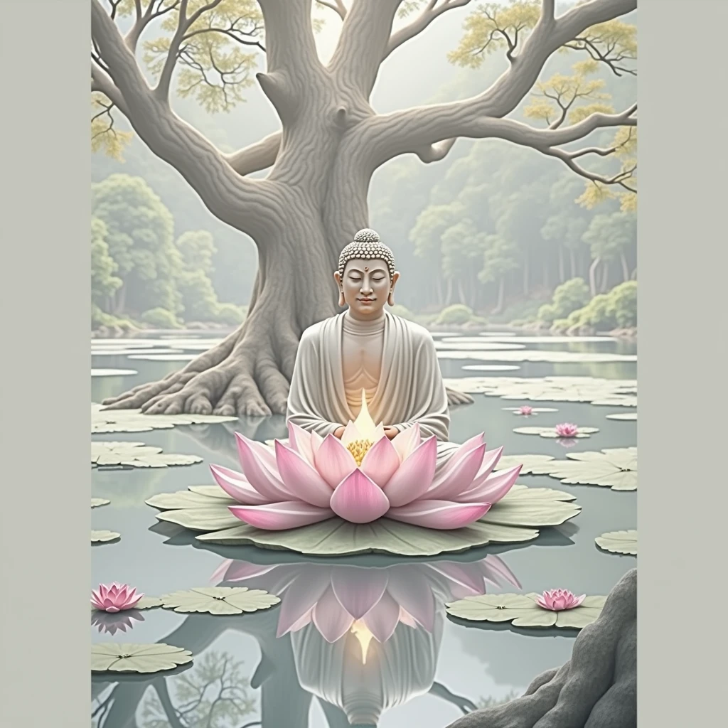 Buddha is meditating on a pink lotus under a big banyan tree.,Behind is a lush green forest., Surrounded by a peaceful atmosphere" Realistic,