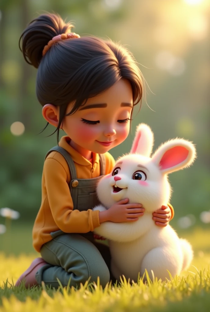  In 3D animation style "Meera kneeling beside the rabbit, holding it gently and affectionately calling it "Snowball." The rabbit looks content and happy with its new name"