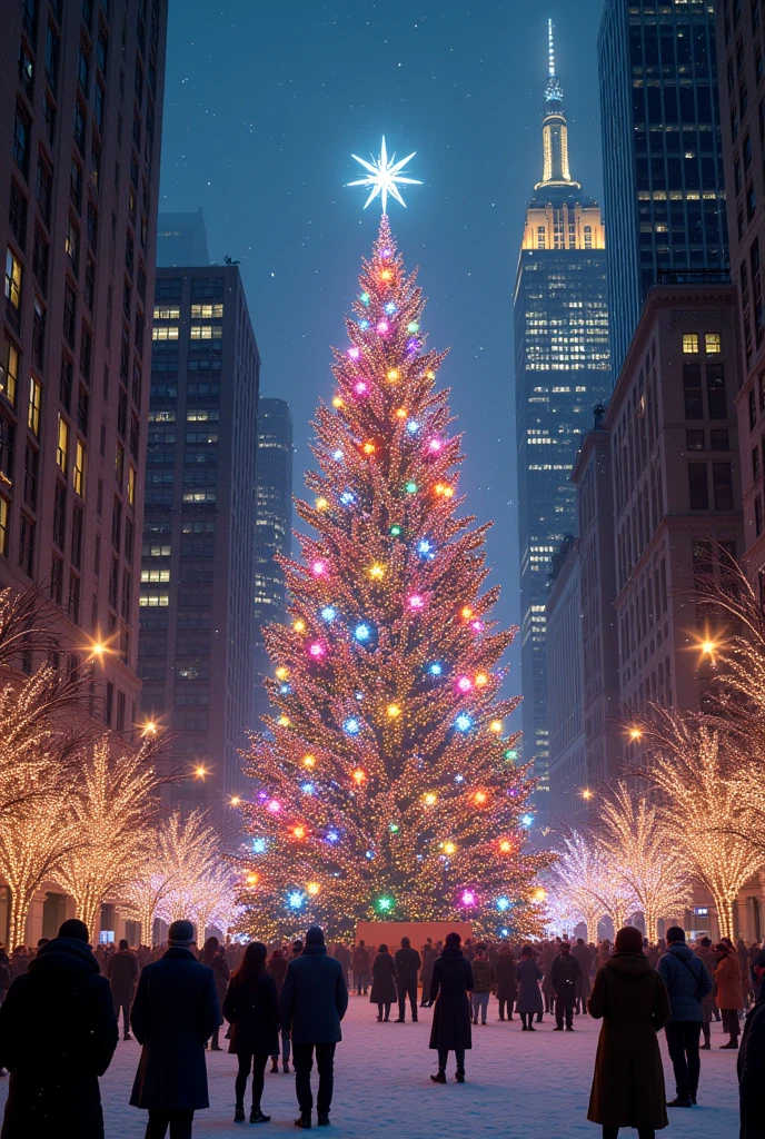 Christmas Abroad、night、The city is sparkling with light、illumination、Christmas tree、Christmas treeに色とりどりのilluminationがついている、大きなChristmas tree、New York cityscape in winter、christmas song、It's snowing、White Christmas