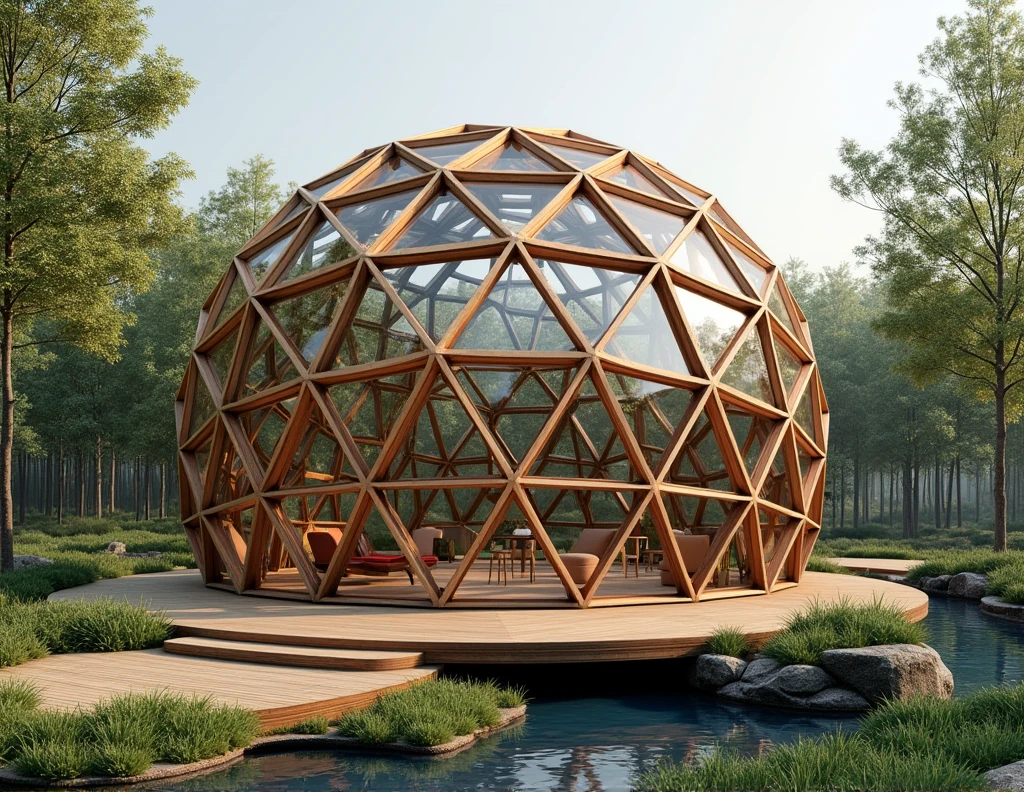 geodesic wooden dome frequency v2 of 40 triangles on a wooden platform and a mini biological pool