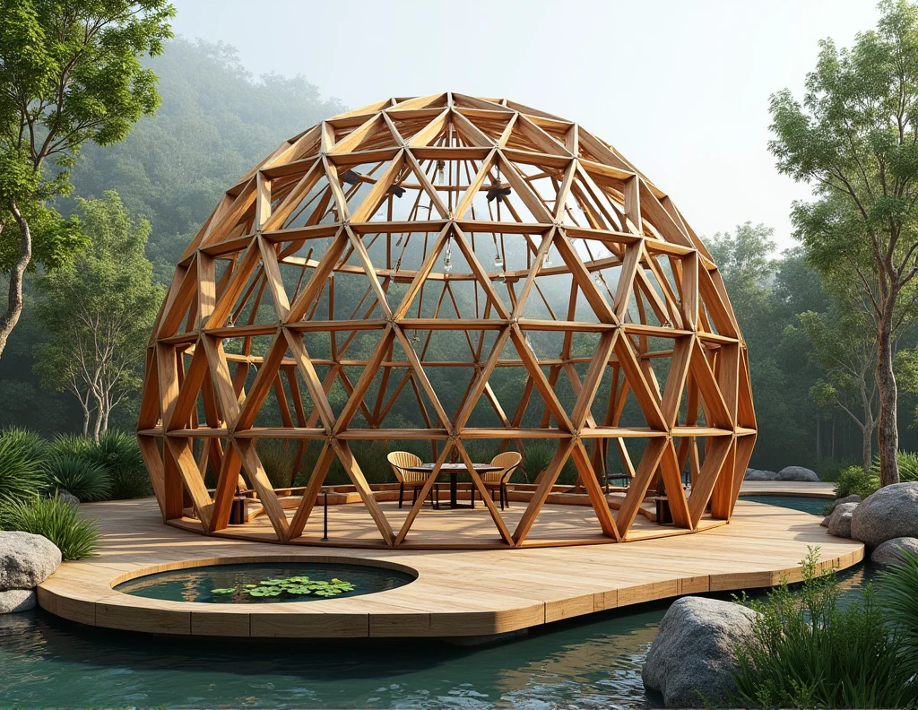 geodesic wooden dome frequency v2 of 40 triangles on a wooden platform and a mini biological pool