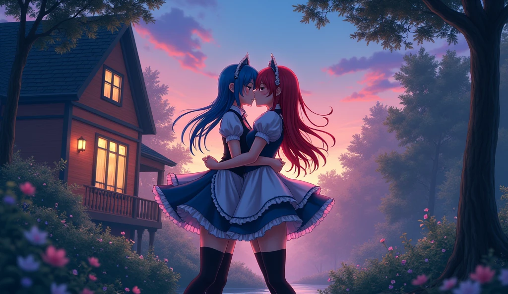 Ram and Rem anime, sexy, , the forest, twilight, girl on the right red hair, girl on the left blue hair, , long hair, hair pins, maid headdress, effects, stockings, big breasts, House in the background, kiss, Passion