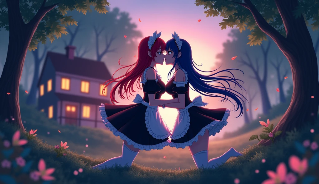 Ram and Rem anime, sexy, , the forest, twilight, girl on the right red hair, girl on the left blue hair, , long hair, hair pins, maid headdress, effects, stockings, big breasts, House in the background, kiss, Passion