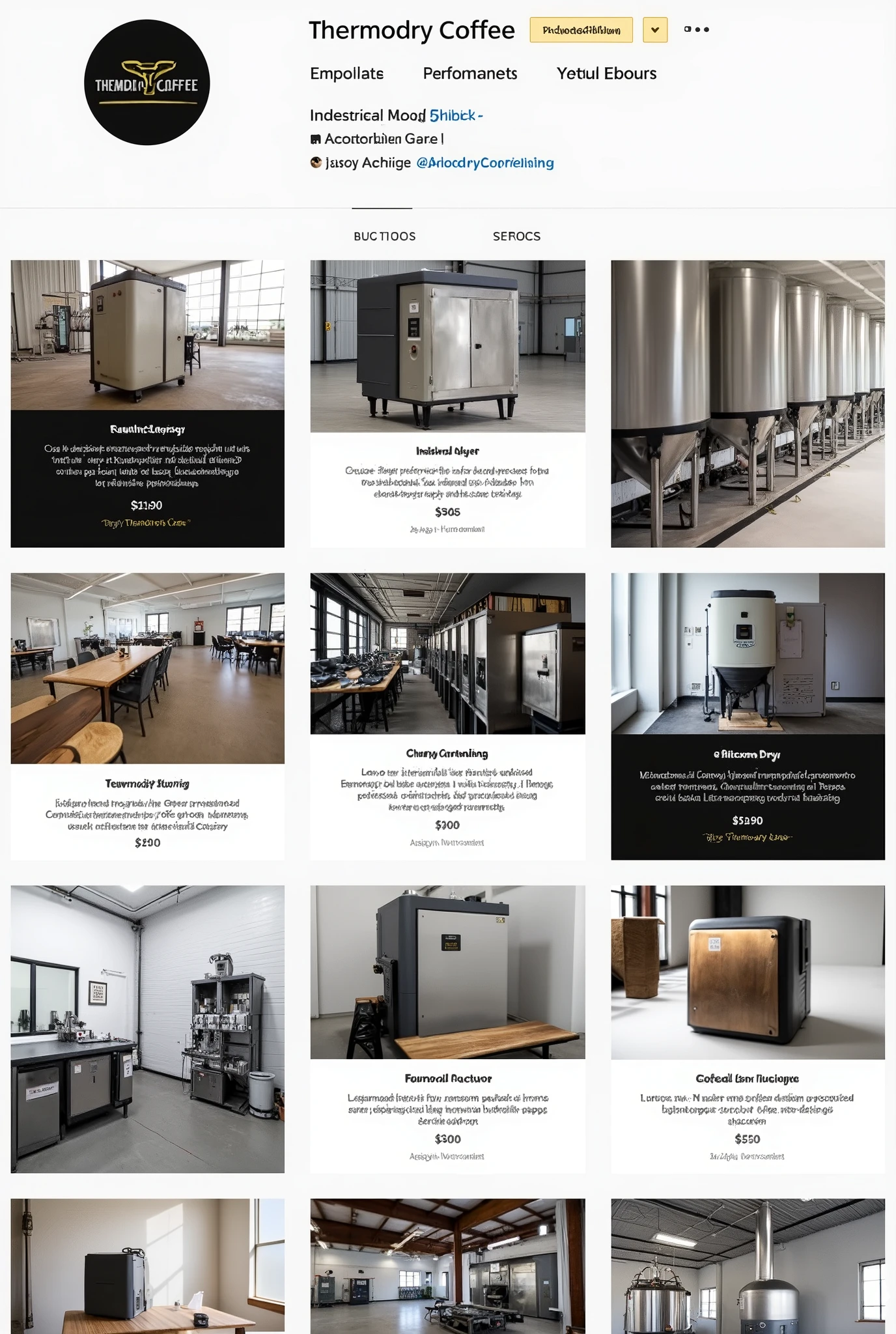 I need a screenshot of an Instagram profile that contains images about my product, My product is an industrial grade coffee dryer., Posts should be professional and eye-catching. My product is called: ThermoDry Coffee