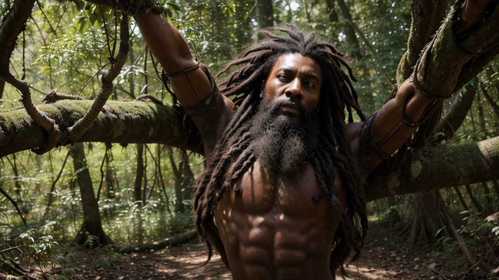 A majestic being whose body is intertwined with ancient vines and roots. His dark skin is marked with natural patterns resembling bark, and his short dreadlocks frame his face. he has a well groomed medium sized afro beard. He wields a massive staff shaped like entwined branches, pulsating with the forest's life force.