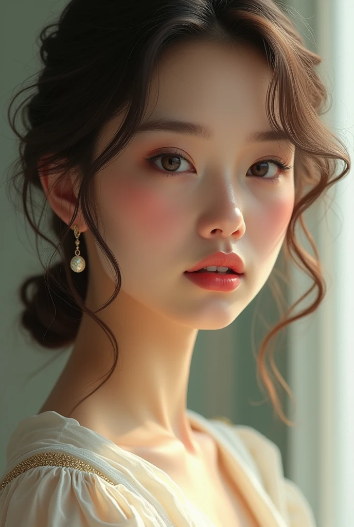 Woman, trapeze face shape, fat cheeks, almond eyes, straight eyebrow, straight nose, heart shaped lips, light cream wavy hairs, wearing cream manteau