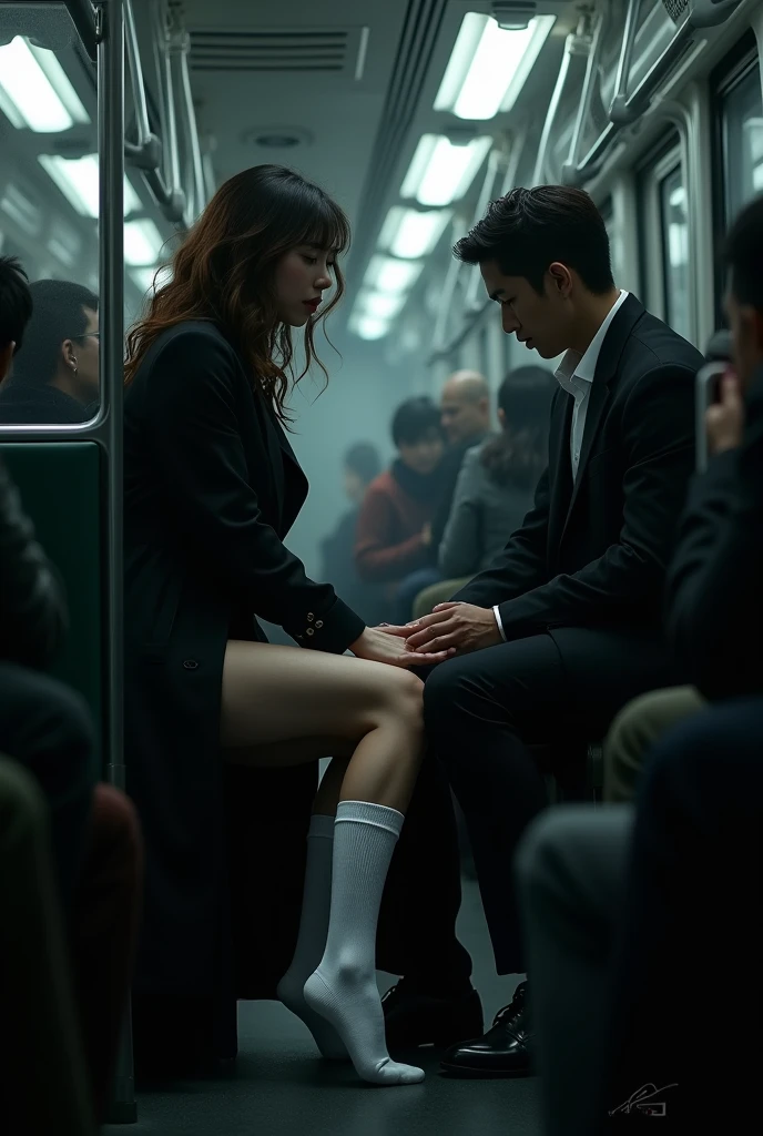 black trench coat, white socks, Sexy skinny woman puts her feet on the man's lap on the bus.