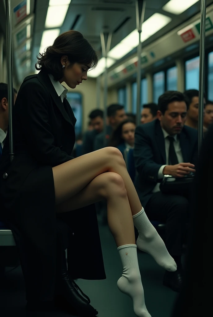 black trench coat, white socks,  Sexy skinny woman puts her feet on the man&#39;s lap on the bus. 