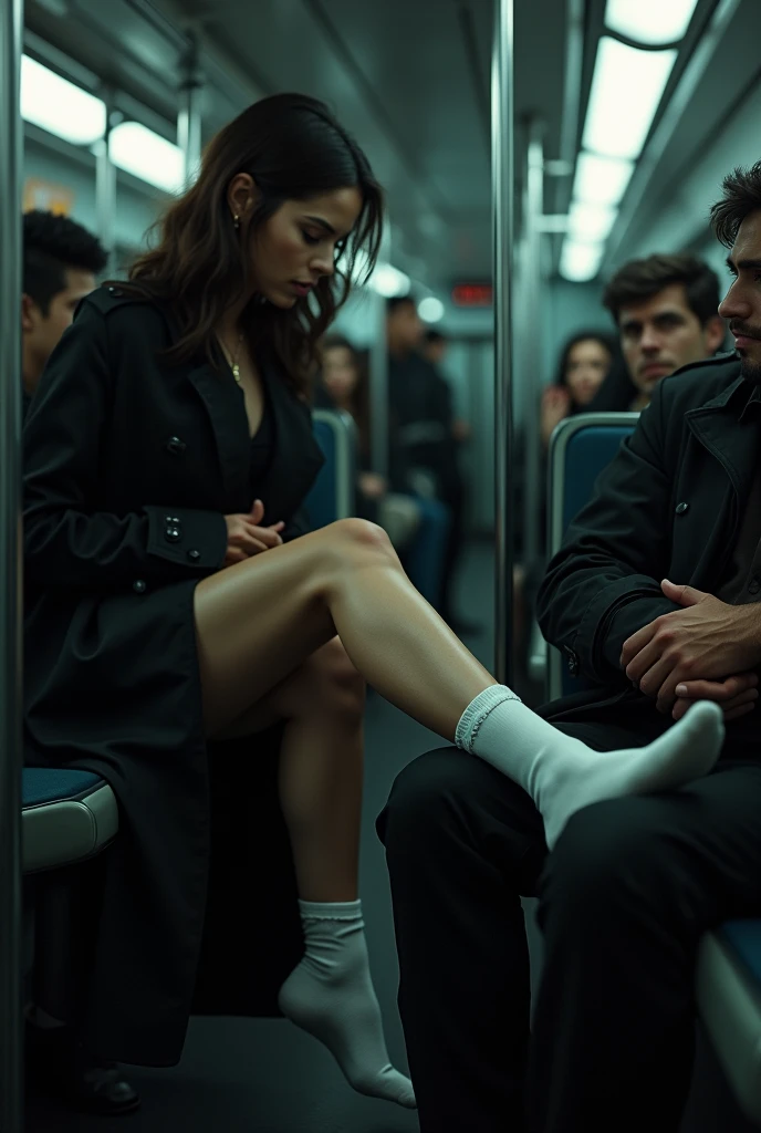 black trench coat, white socks, Sexy skinny woman puts her feet on the man's lap on the bus.