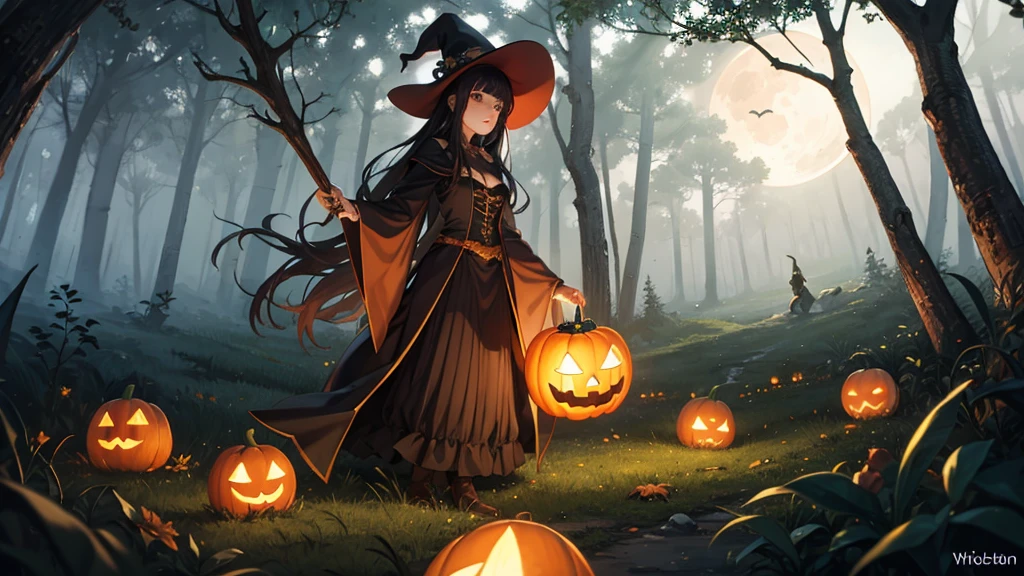 A witch casting a spell in the forest. Lost of fairies and spirits around her watching the magic rise up. Pumpkins and mushrooms in the forest, spiders, spiderwebs, halloween, full moon, magic, wicca, masterpiece, best quality, dramatic lighting