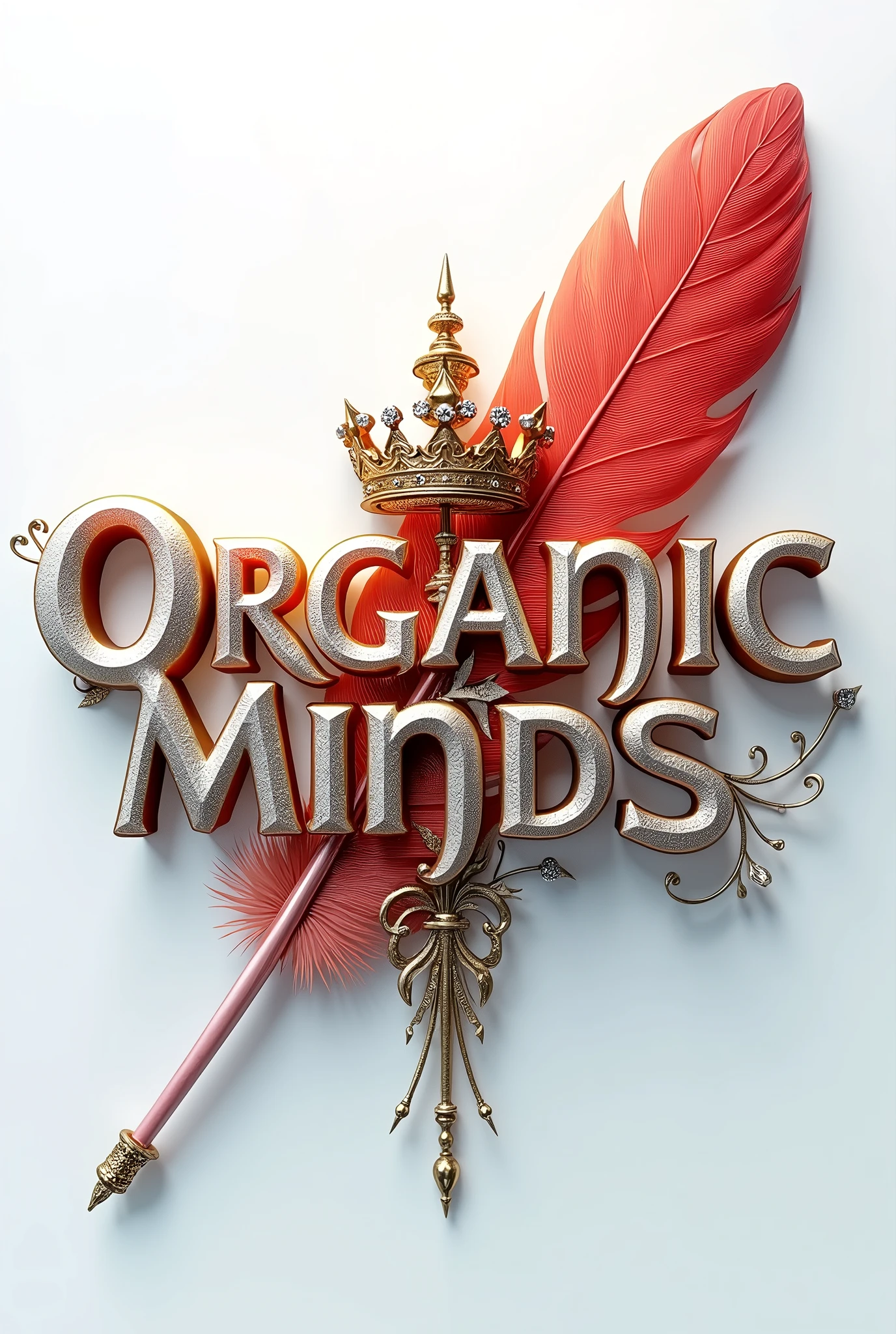 A mesmerizing 3D digital art masterpiece that captivates the viewer with its intricate design. The name,,Organic Minds, is prominently displayed in a striking font, adorned with a luxurious golden,red crown. A flowing feather gracefully follows behind, adding to the design's visual appeal. The name glows in vibrant colors such as silver, enhancing its breathtaking beauty. Warm silver lighting illuminates the design, creating depth and dimension, and delicate diamonds are strategically placed for added glamour. The pristine white background highlights the name, transforming the design into a truly fascinating piece. With its cinematicposter-like quality, this extraordinary work of art masterfully blends elements of dark fantasy, and 3D rendering, typography, and 3D rendering., architecture, typography