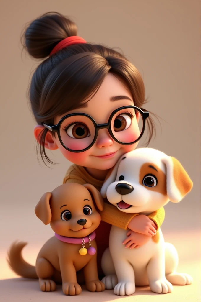 Disney Pixar A 3d toon cartoon of a chubby, plump, somewhat fat girl of about 3 with big glasses and tender eyes, She wears brown hair up in a bun with a middle part,small nose cute smile, who hugs and plays with his dogs, a cute poodle puppy and a white dog with light brown 1 eye patch and big brown spots on his body. Both dogs happy and cute. To use as Instagram profile picture