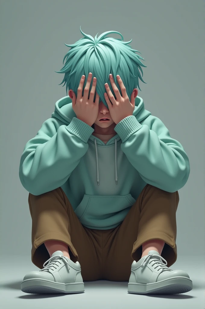 Light bluish crystal color hair (wet) - hands coverin his face - wid tears flowin through his fingers - sittin on a chair - legs spread - brown pants - white inn-shirt - light green [crystal] color sweatshirt - white sneakers - grey background - animated yet realistic and soft