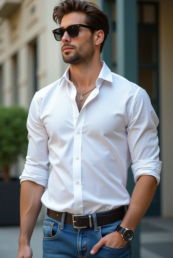 A rich boy who looks very handsome age of 20 full image clothe colour blue jeans white shirt and black luxury watch in hand the boy is looking the other side face are round And your face is a little swollen 