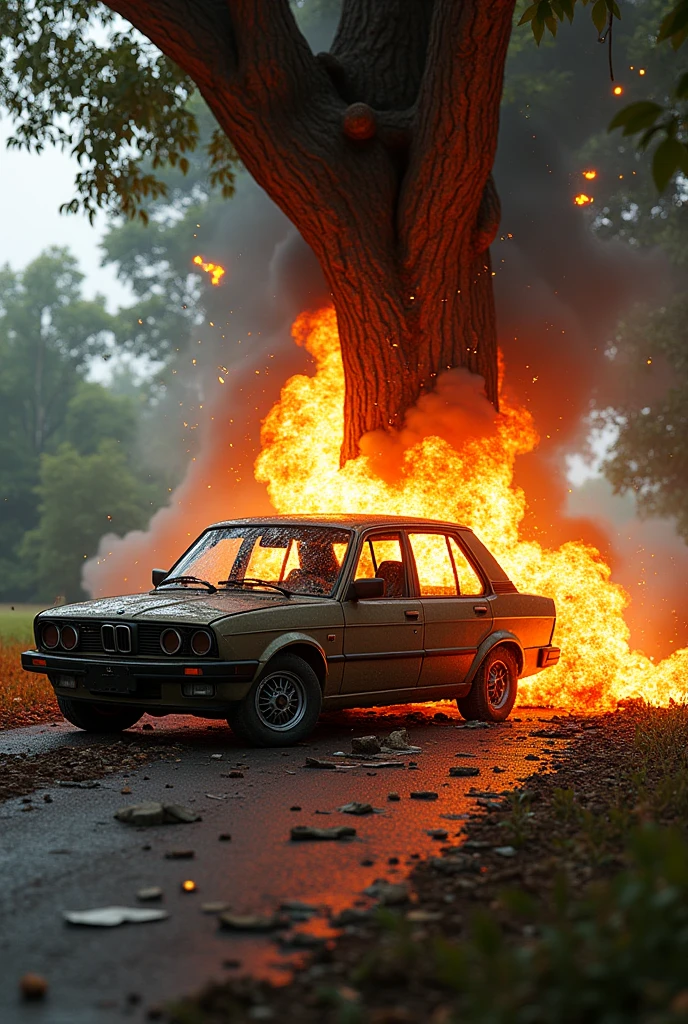 Car crashed into a tree and exploded