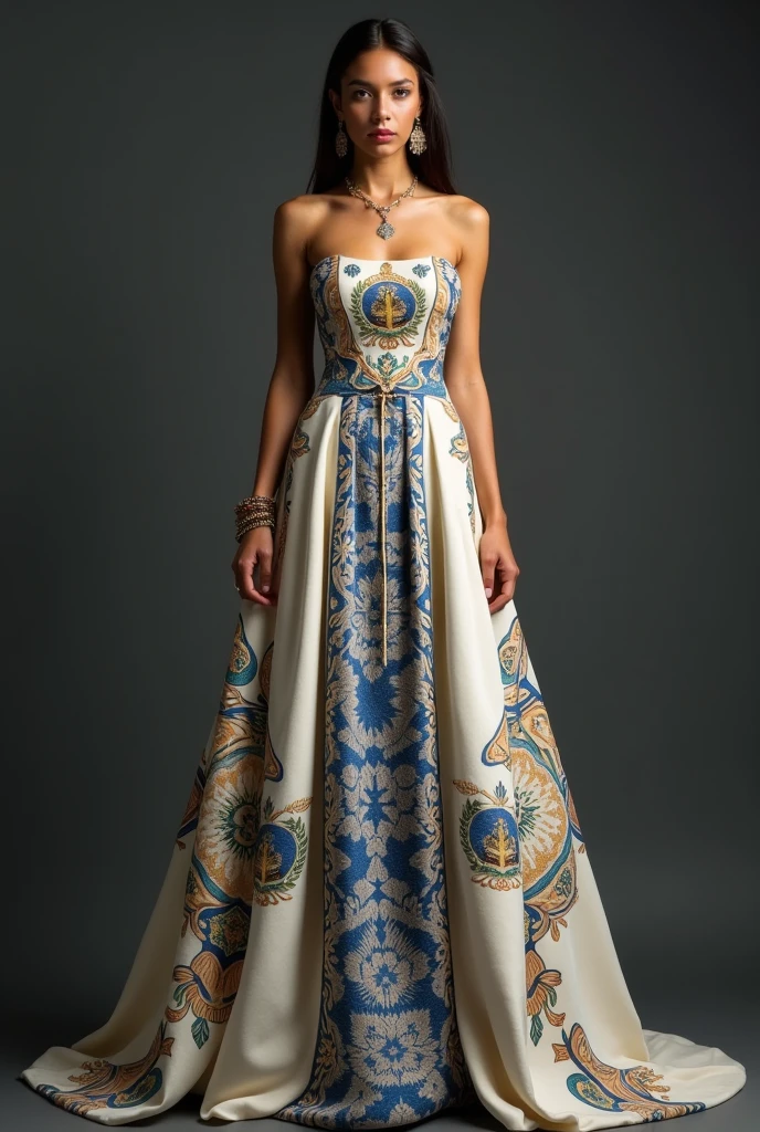 Make me a dress design with the coat of arms of Nicaragua