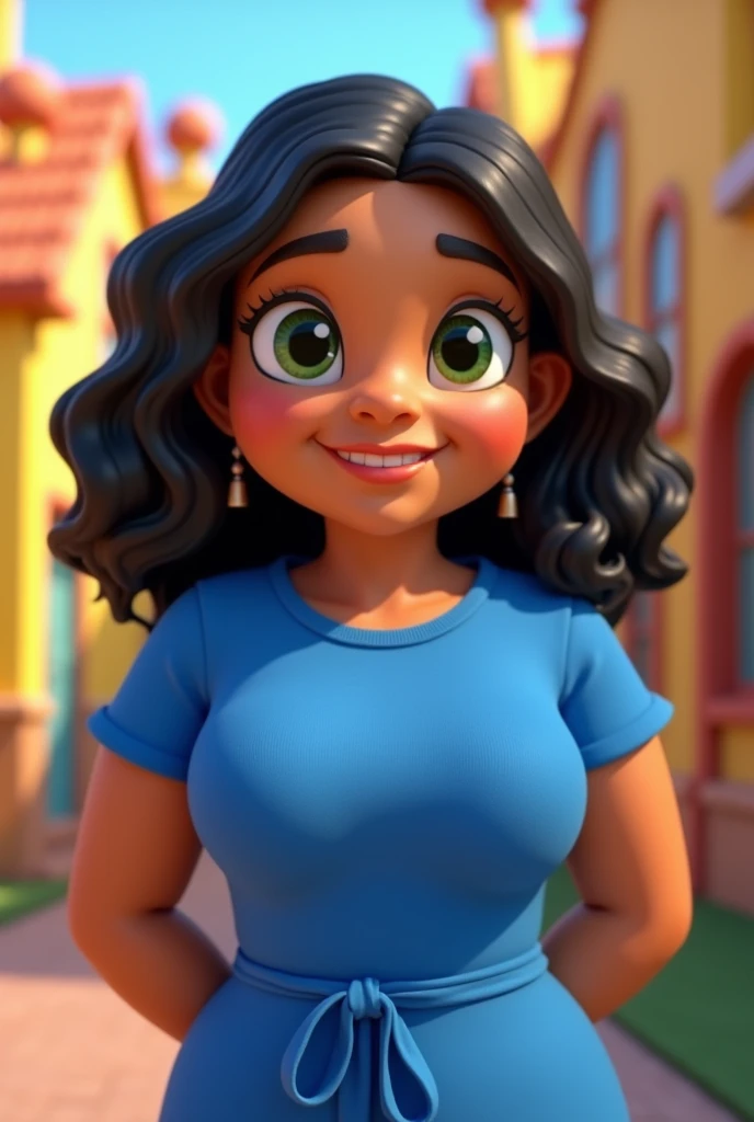 white brazilian woman 4 chubby green eyes dark hair medium height with blue clothes pixar cartoon
