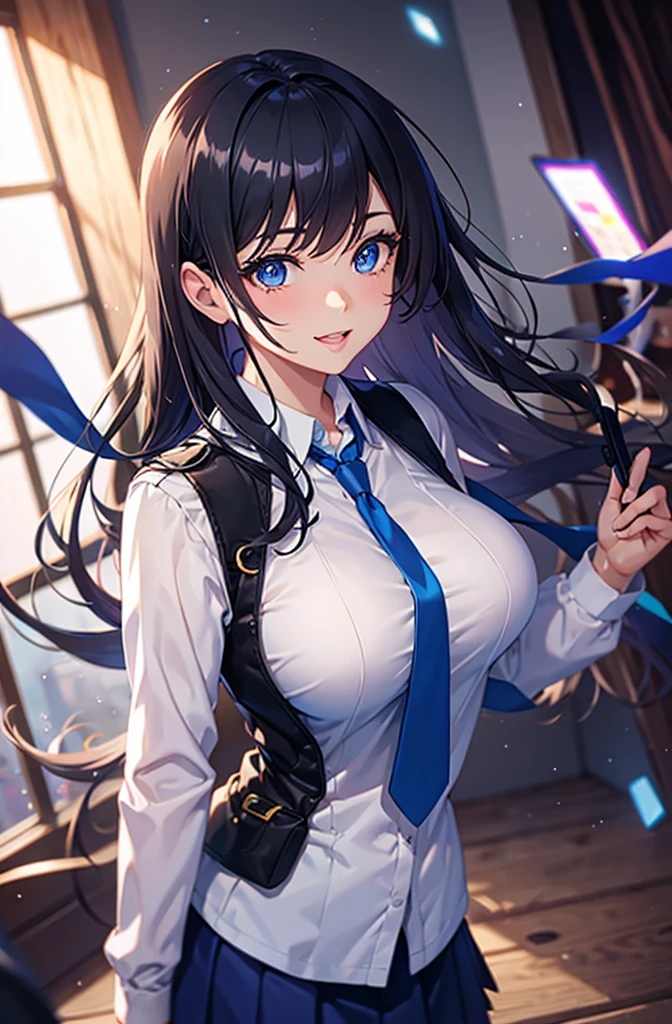 ((short, Highest quality, High resolution, Hmph, Pixel perfect, 4K, Hmph, Hmph))), One Girl, single, alone, Beauty、 ((  Black Hair、bangs)), ((Big blue eyes, Beautiful eyelashes, Realistic eyes、Double)), ((Detailed smile, )), ((Smooth texture:0.75, Realistic texture:0.65, Realistic:1.1, Anime CG style)), Big Breasts, Perfect body, school uniform、skirt、tie