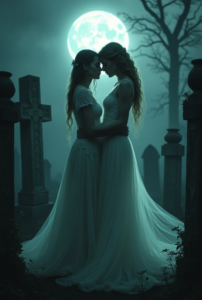 Full moon night in the background tombstones, and in the center, two women with their faces touching, one of them is a spirit.