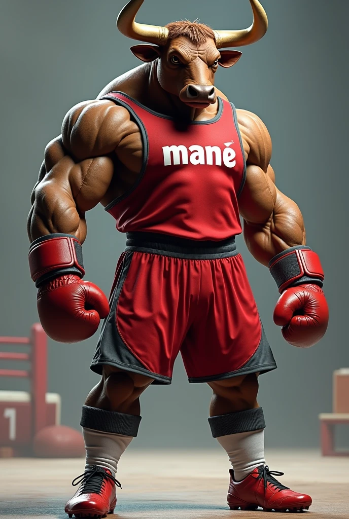 bull:

The bull is portrayed in a realistic and imposing way, with a muscular physique and a confident posture. The bull&#39;s skin is a natural tone, like brown or black, with texture details to show the realism of hair and muscles.
boxing gloves:

The bull is wearing a pair of red boxing gloves. Gloves should be realistic and appear to fit snugly over the bull&#39;s front legs.. Details such as seams, signs of wear and shine should be visible to enhance realism.
soccer cleats:

On the bull&#39;s hind feet, he is wearing soccer cleats. The boots must have a modern and realistic design., with details such as studs and the typical finish of a sports shoe. They should appear to be well adapted to the shape of the bull&#39;s hind legs..
chemise:

The bull is wearing a red shirt with gray details. The shirt should have a sporty or casual design., with a realistic fit that fits the bull&#39;s body. The shirt has the word “Mané” written in a legible font and highlighted in the center of the chest.. Typography can be in a contrasting color, like white or black, to ensure good visibility.
Shorts de Muay Thai:

O touro usa shorts de Muay Thai, that are traditional and loose, with a colorful and detailed design. The shorts must be red and have gray details that match the shirt.. The texture and details of the shorts should show typical characteristics of Muay Thai clothing., such as embroidery or traditional patterns.
Background and Environment:

The background can be a neutral environment or a sports arena, depending on the desired context. It can include subtle details like a boxing ring or a football field., but the main focus should be on the bull and its accessories.
