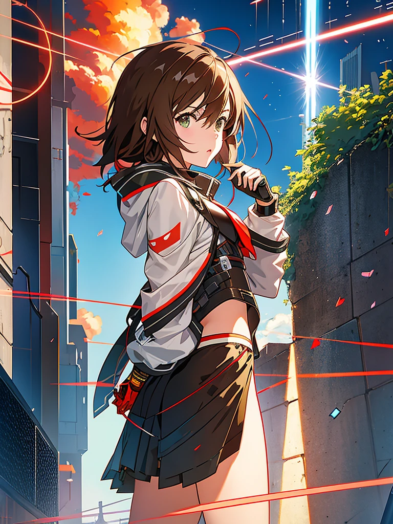 anime girl brown hair standing at a ledge, zerochan art, cyberpunk anime girl mech, by Shingei, by Shitao, cushart kenz, anime cyberpunk art, kantai collection style, digital cyberpunk anime art, kill la kill illustration, mechanized valkyrie girl, pixiv contest winner