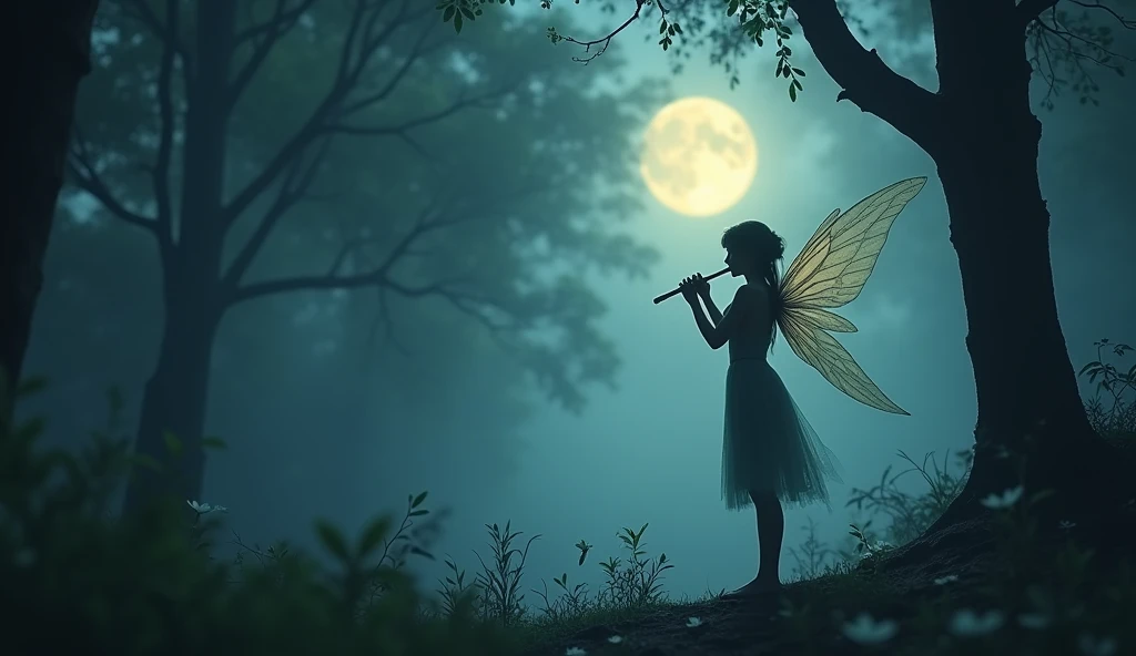In a deep night forest, a fairy with transparent wings is playing a flute, with every tiny movement of her fingers clearly visible. Moonlight filters through the leaves and falls on her, the forest enveloped in a gentle mist, creating a dreamlike atmosphere in 4K resolution. The camera moves from a distant panoramic view closer, first showing the moon, then focusing on the fairy’s back and the flute in her hands, perfectly showcasing the cinematic visual effect
