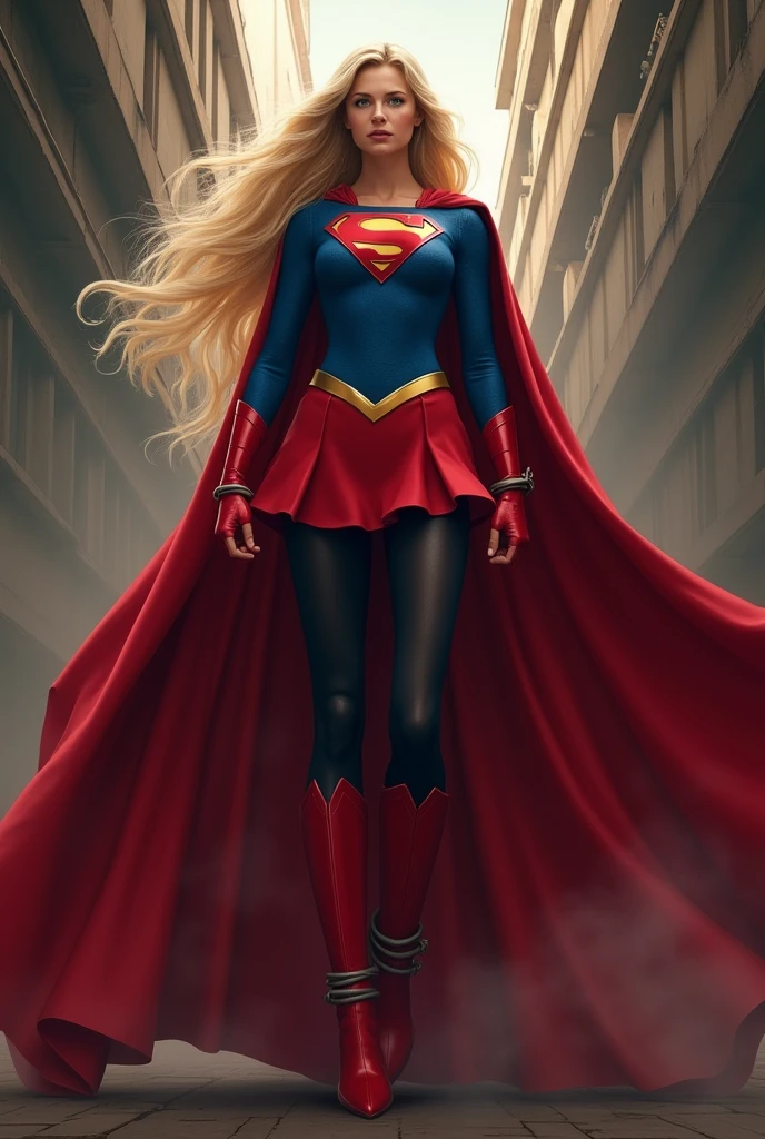 Digital illustration, ultra-realistic, supergirl, full blue body suit, long blonde hair, red elbow gloves, red gauntlets, black tights, red boots, red skirt, gold belt, really long red cape, hands tied to ceiling