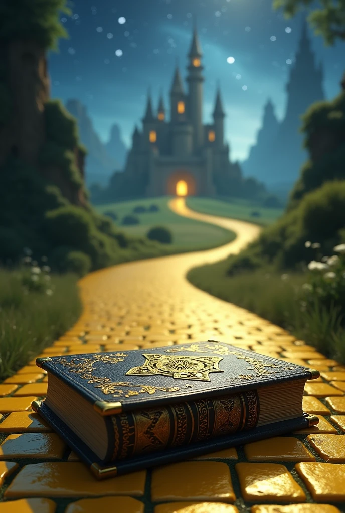 a book on top of a yellow brick road seen from above in Oz at night