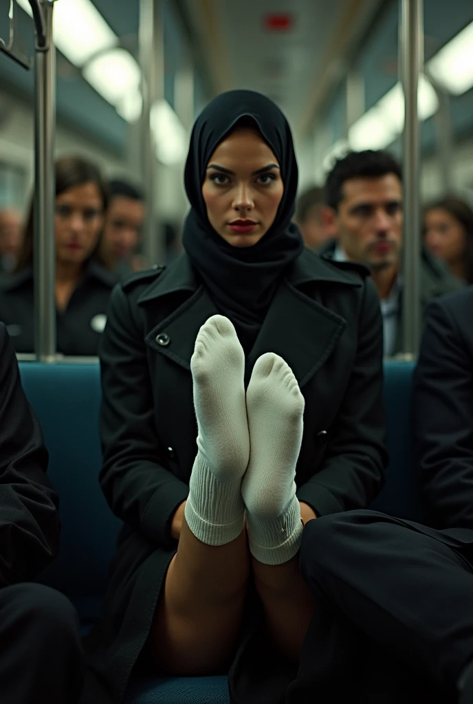 Black trench coat with headscarf, white socks,  Sexy skinny woman puts her feet on the man&#39;s lap on the bus. 