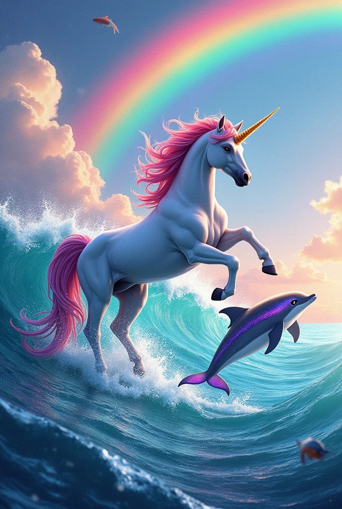 A very colorful image of a sea with a unicorn and a dolphin with a rainbow and more colorful and they are jumping over the sea